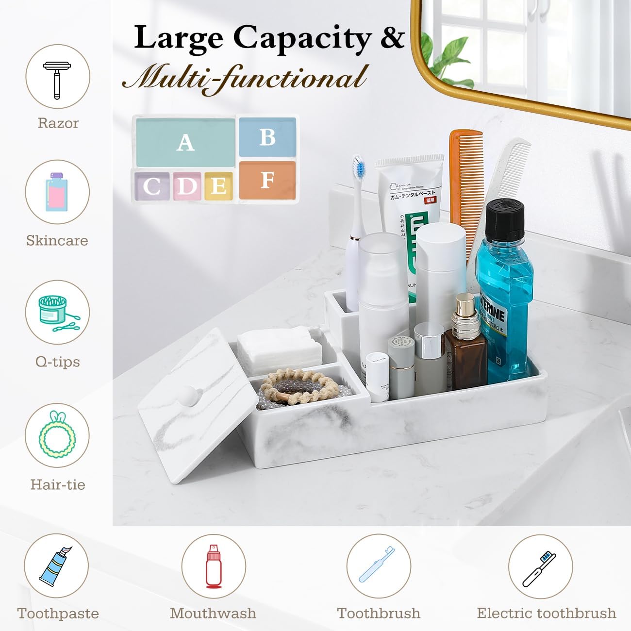 Luxspire Bathroom Counter Organizer with Lid, 6 Slots, Gravel White | Bathroom Vanity Organizer, Bathroom Organizer
