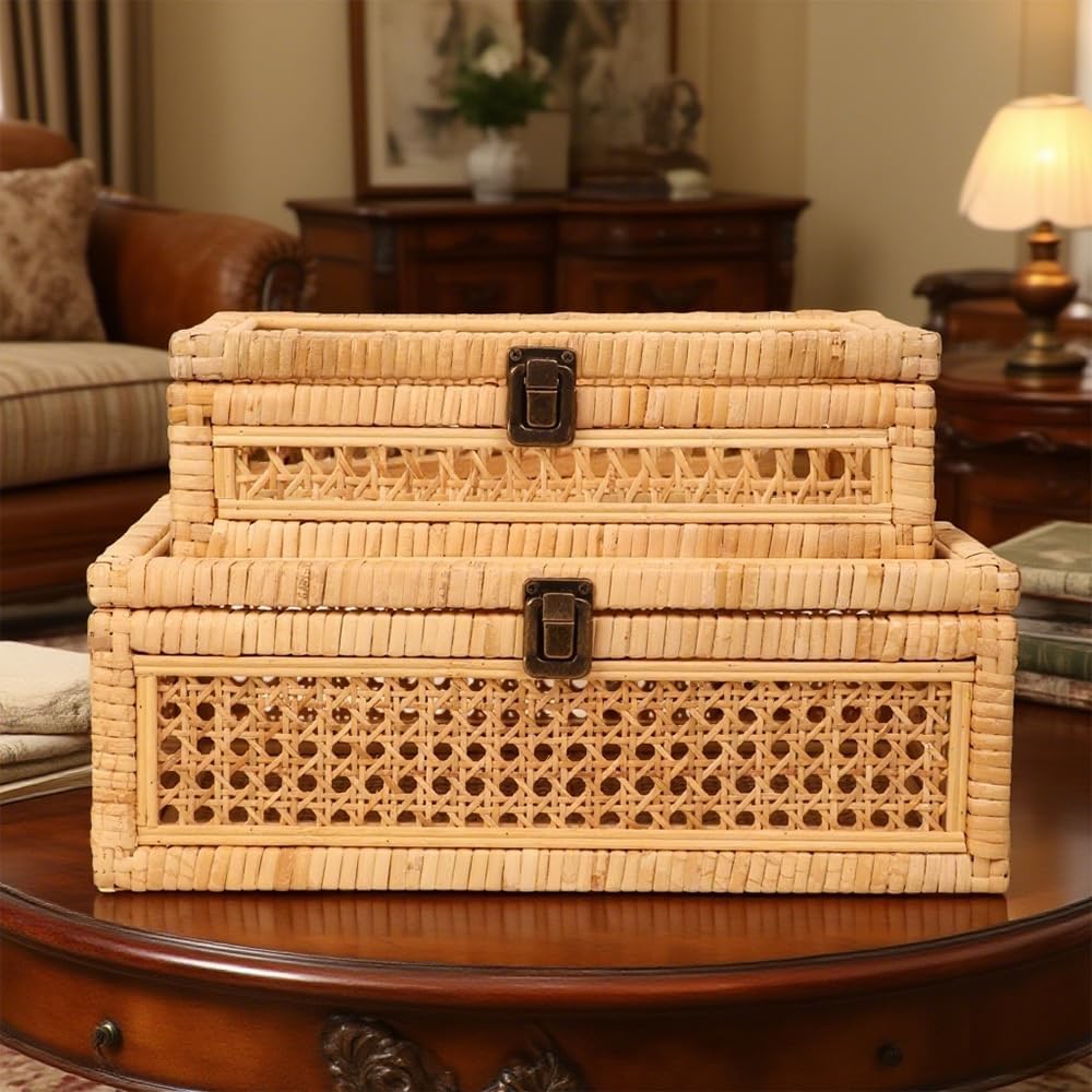 Wooden frame / Extra Large Rattan Decorative Box / Set of 2