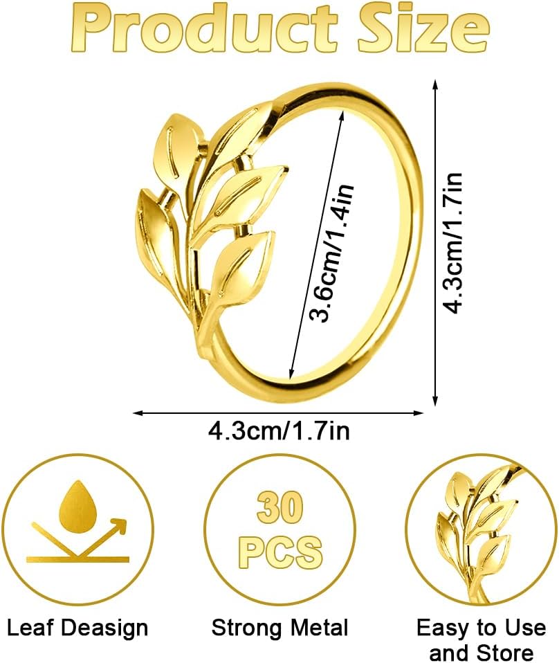 50 Pcs Gold Leaf Napkin Rings Set, Metal Napkin Ring Holders Buckles for Table Decorations, Napkin Holders for Cloth