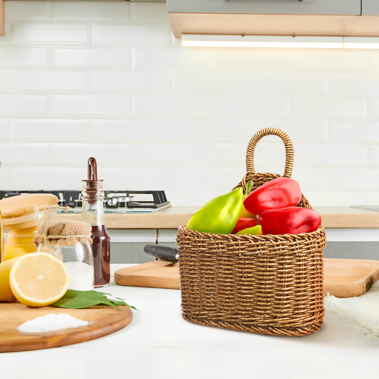 Woven Hanging Storage Basket In Rattan Wall Basket / 9.64 x 7.48 x 3.93