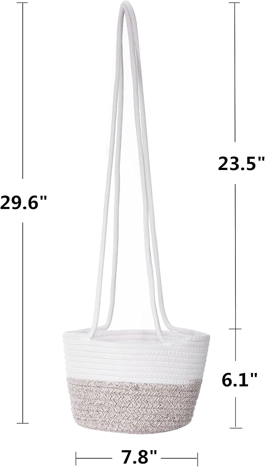 Hanging Planter Basket Jute Rope Woven Plant Hangers Indoor Hanging Plant Holder Up / White & Brown
