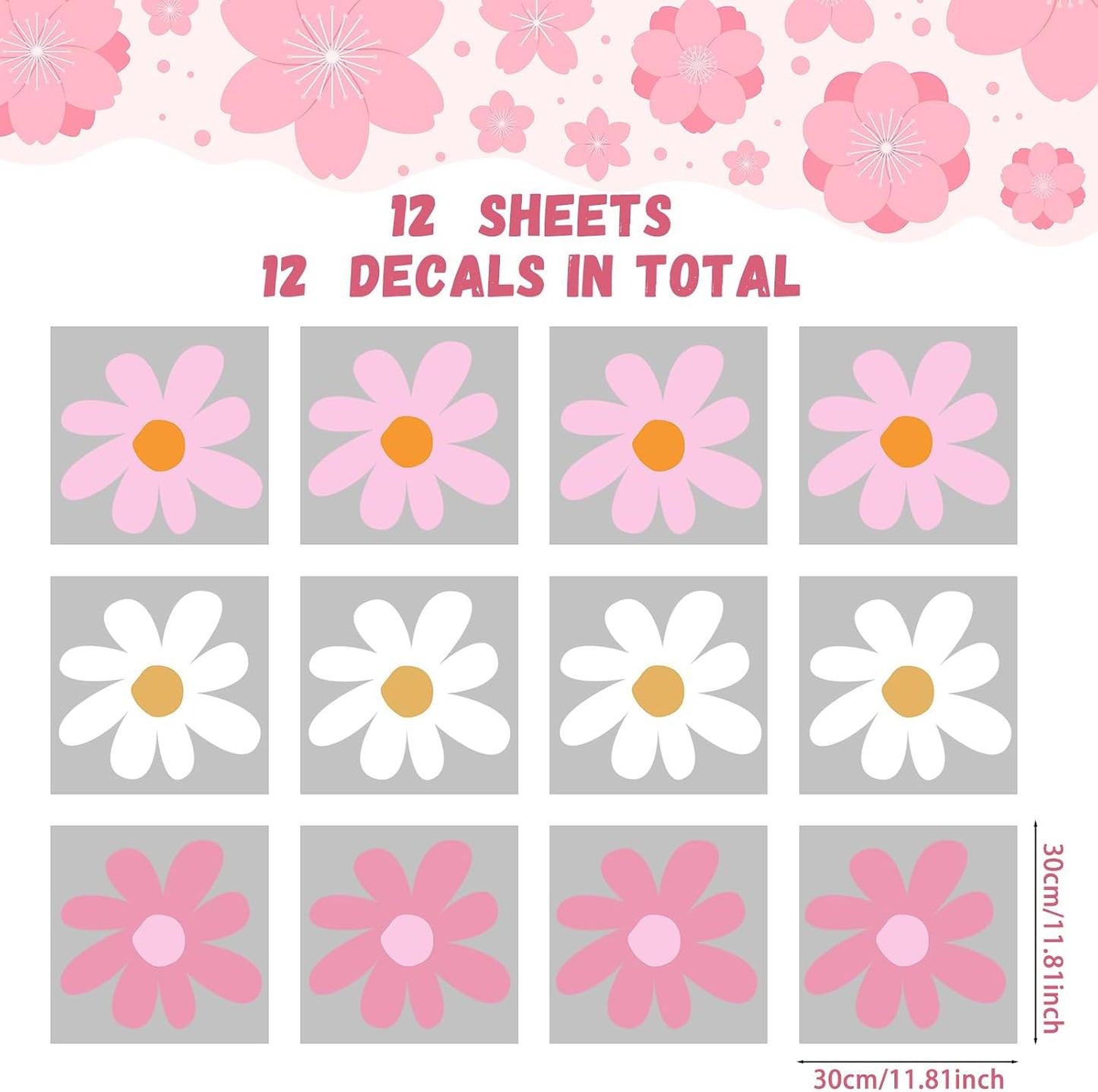 12 Sheet Daisy Wall Sticker Decal Removable Daisy Bedroom / Delicate Style / Classic Color / Pink