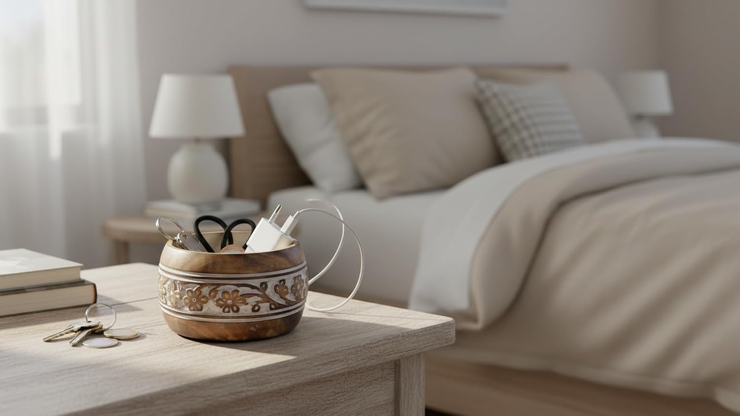 Handmade " Decorative Mango Wood Snack Serving Bowl For Dry Fruits Chips / White Wash Finish / 5 x 3