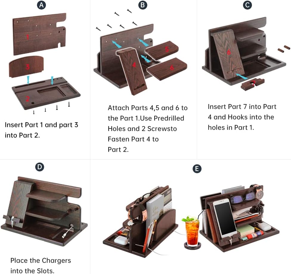 Gifts for Men Bedside Organiser Wood Phone Docking Station Dad Birthday Gifts for Him Nightstand Key Wallet Watch Stand