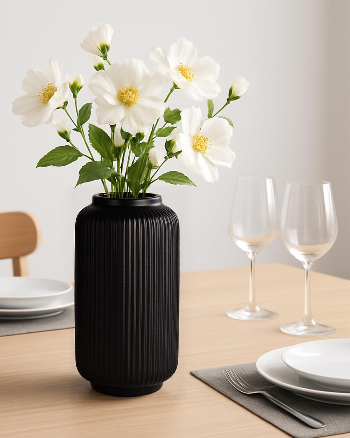Ceramic Vase / Modern Wide Mouth Decorative Vase / Black02 / Black / 8 Inch