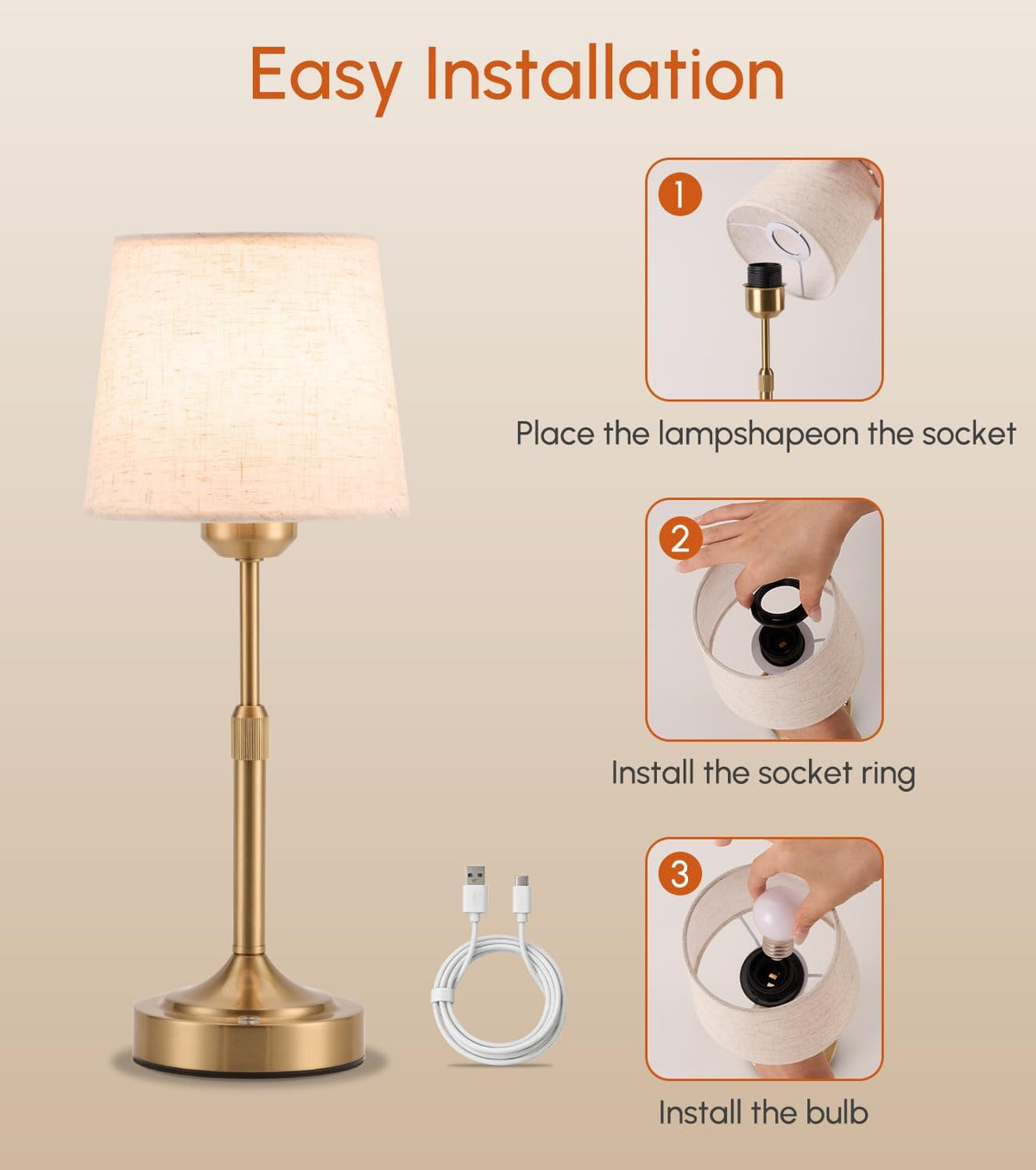 2 Pack Rechargeable Cordless Table Lamp - Small Table Lamp with 5200mAh Battery Operated, Bedside Lamps with 3 Color