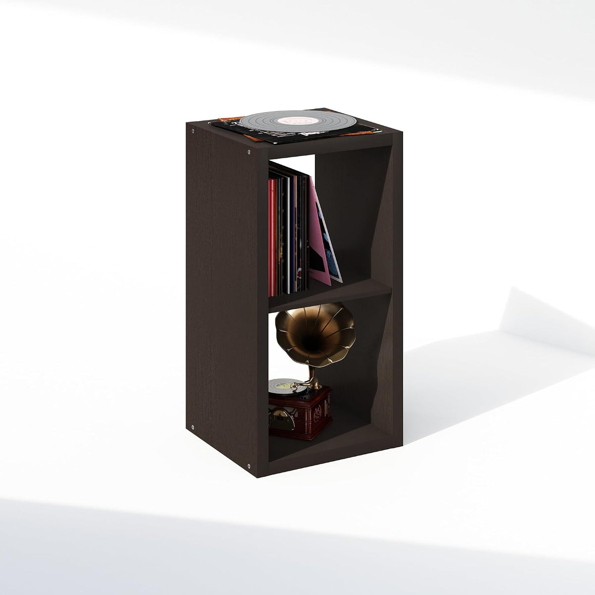 Furinno Cubicle Record Player Stand, 2-Cube Record Storage, Dark Oak | Vinyl Storage, 1.2"Inch Extra Thick, Open Back