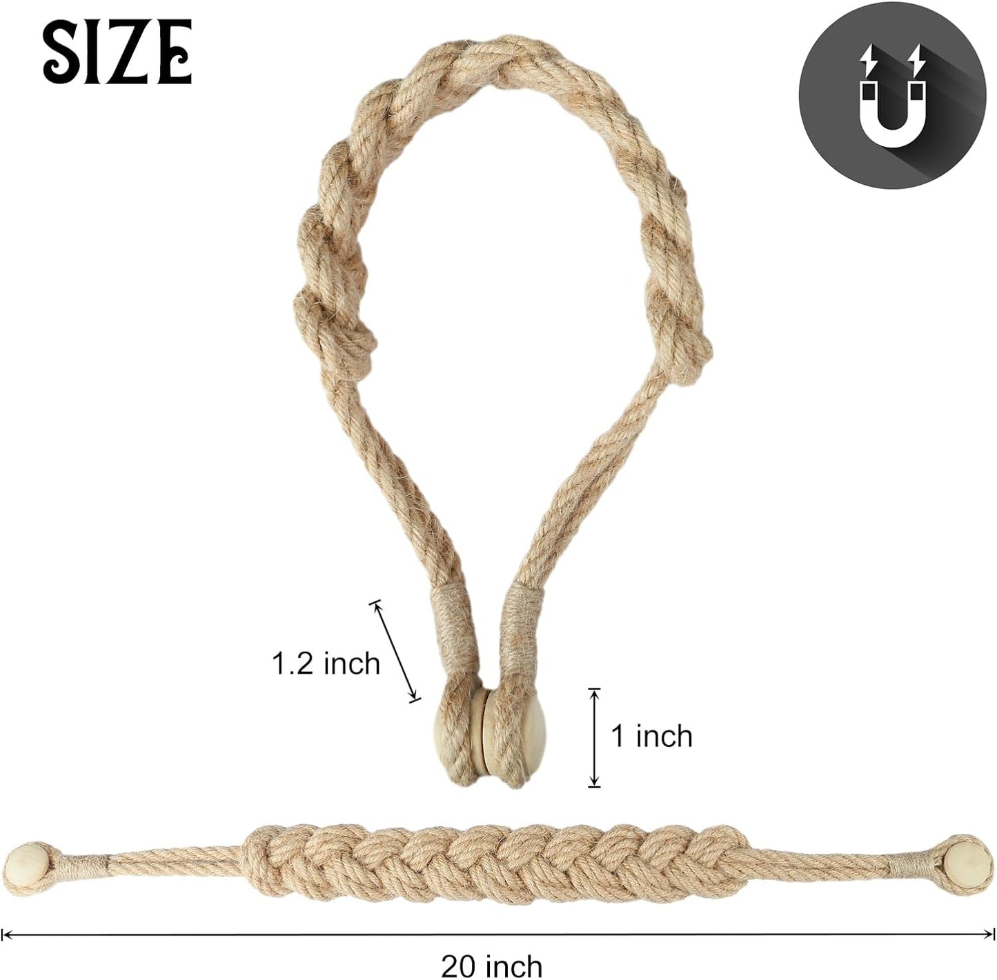 BEL AVENIR Jute Curtain Tiebacks Magnetic 4 Pack Woven Drapery Holdback | Handmade Curtain Ties, No Drill, for Outdoor