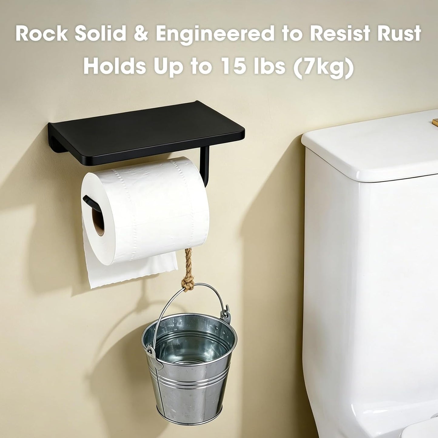 TRUSTMI Toilet Paper Holder with Shelf & Phone Stand, Matte Black | Solid zinc alloy holder holds 15 lbs and fits jumbo