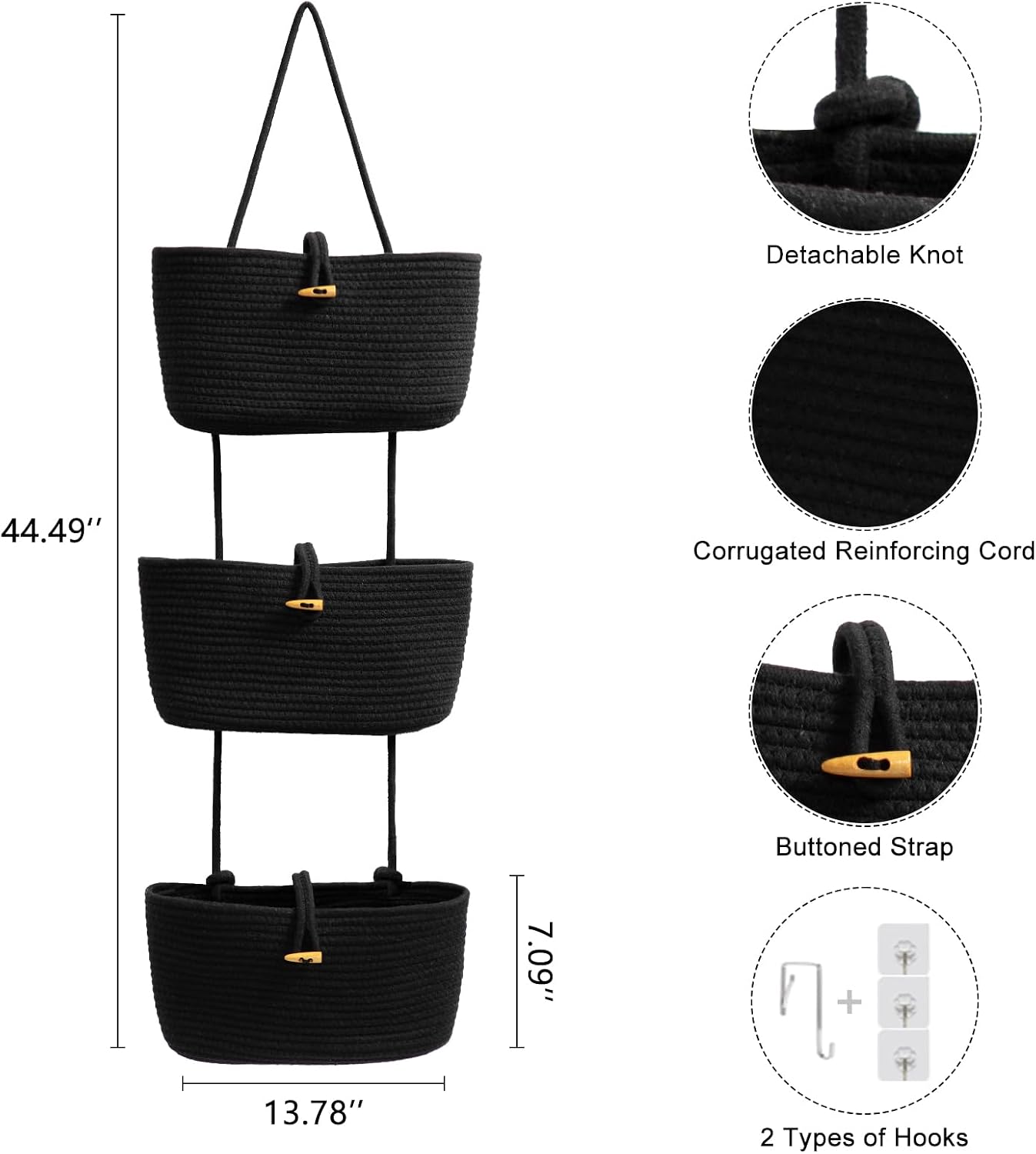 3-Tier Woven Cotton Storage Organizer Bag / Black / 3 Tier+button