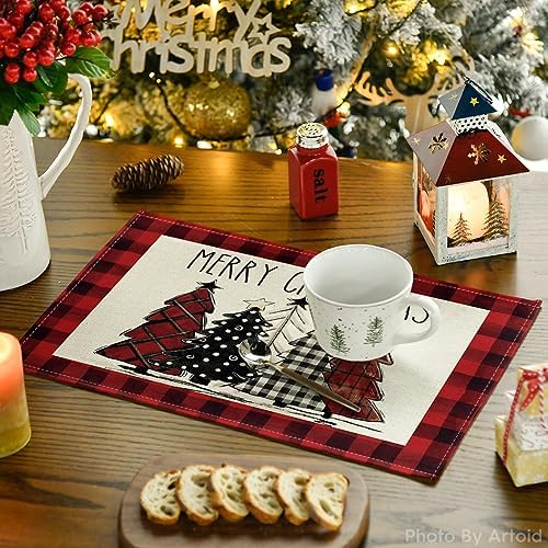 Artoid Mode Red and Black Buffalo Plaid Christmas Trees Placemats Set of 6, 12x18 Inch Winter Table Mats for Outdoor Home Party Kitchen Dining Decor