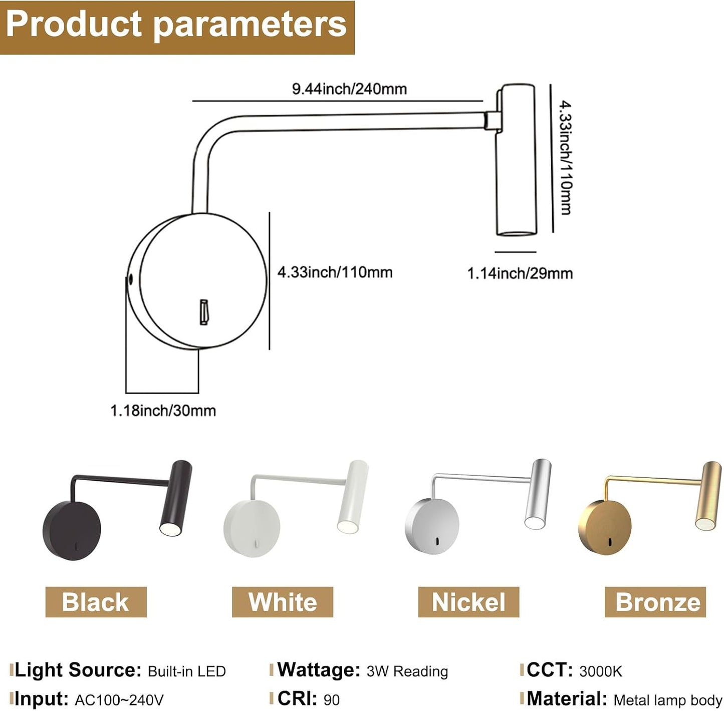 ZEROUNO Wall Mounted Reading Light for Bedroom LED Hardwired Sconce with Switch on/Off Modern 3000K Swing Arm Bedside