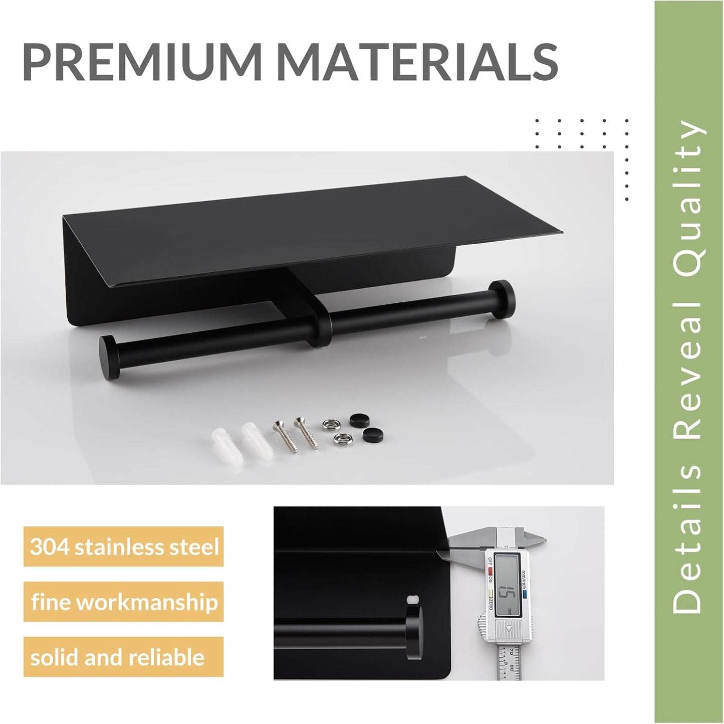 APLusee Matte Black Double Tissue Holder with Storage Shelf, Wall Mounted | 304 Stainless Steel Toilet Paper Holder