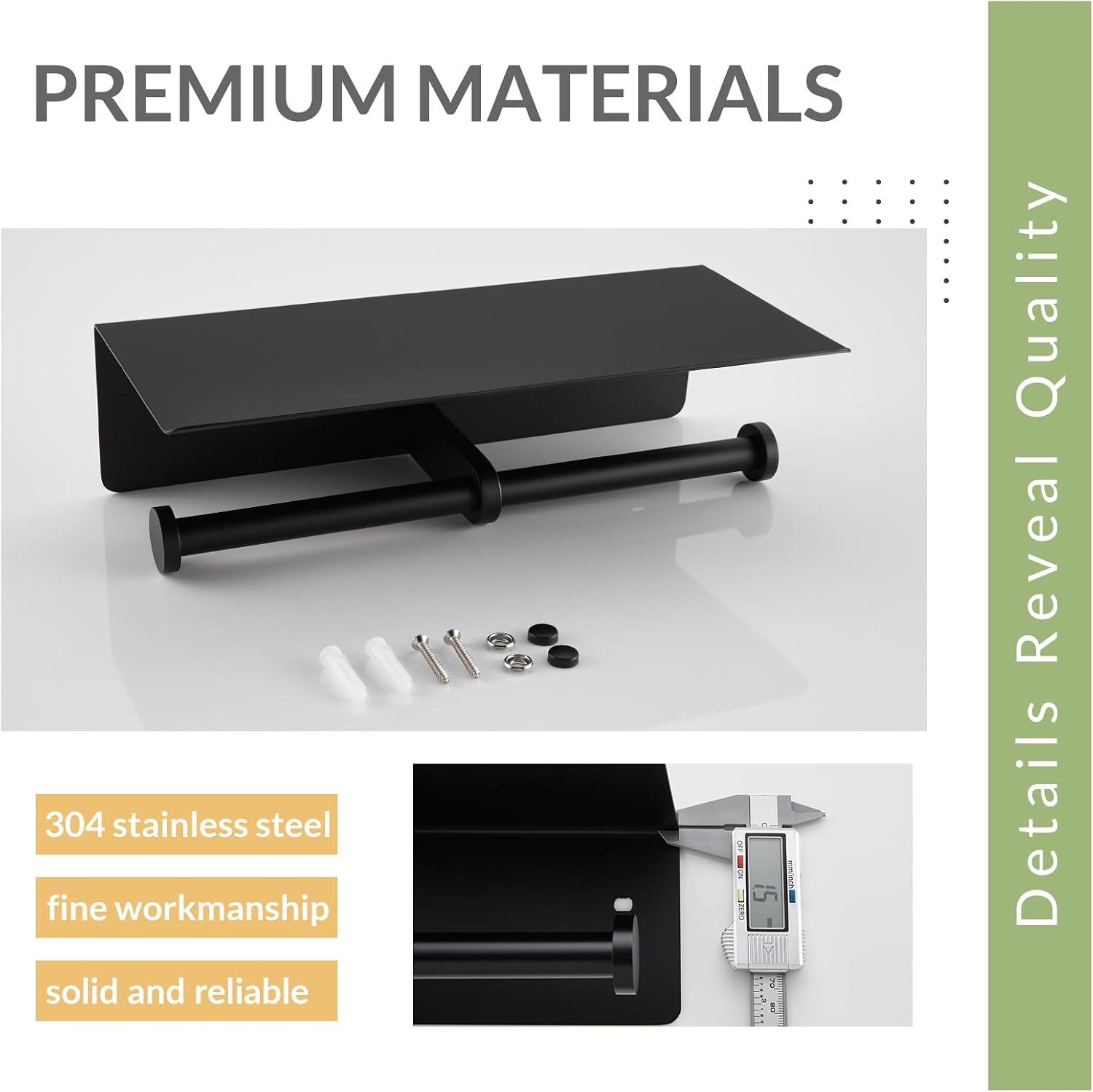 APLusee Matte Black Double Tissue Holder with Storage Shelf, Wall Mounted | 304 Stainless Steel Toilet Paper Holder