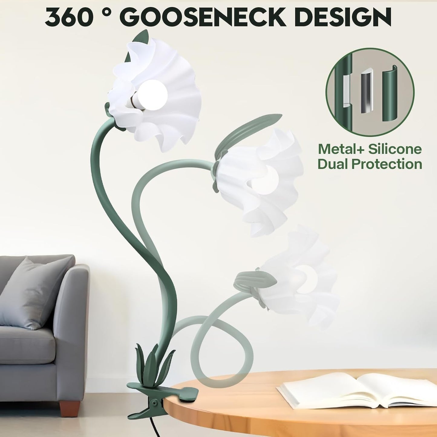 Clip On Flower Lamp for Bedroom, Aesthetic Bedside Reading Light with Flexible Gooseneck, 3 Color Modes Cute Desk Lamp