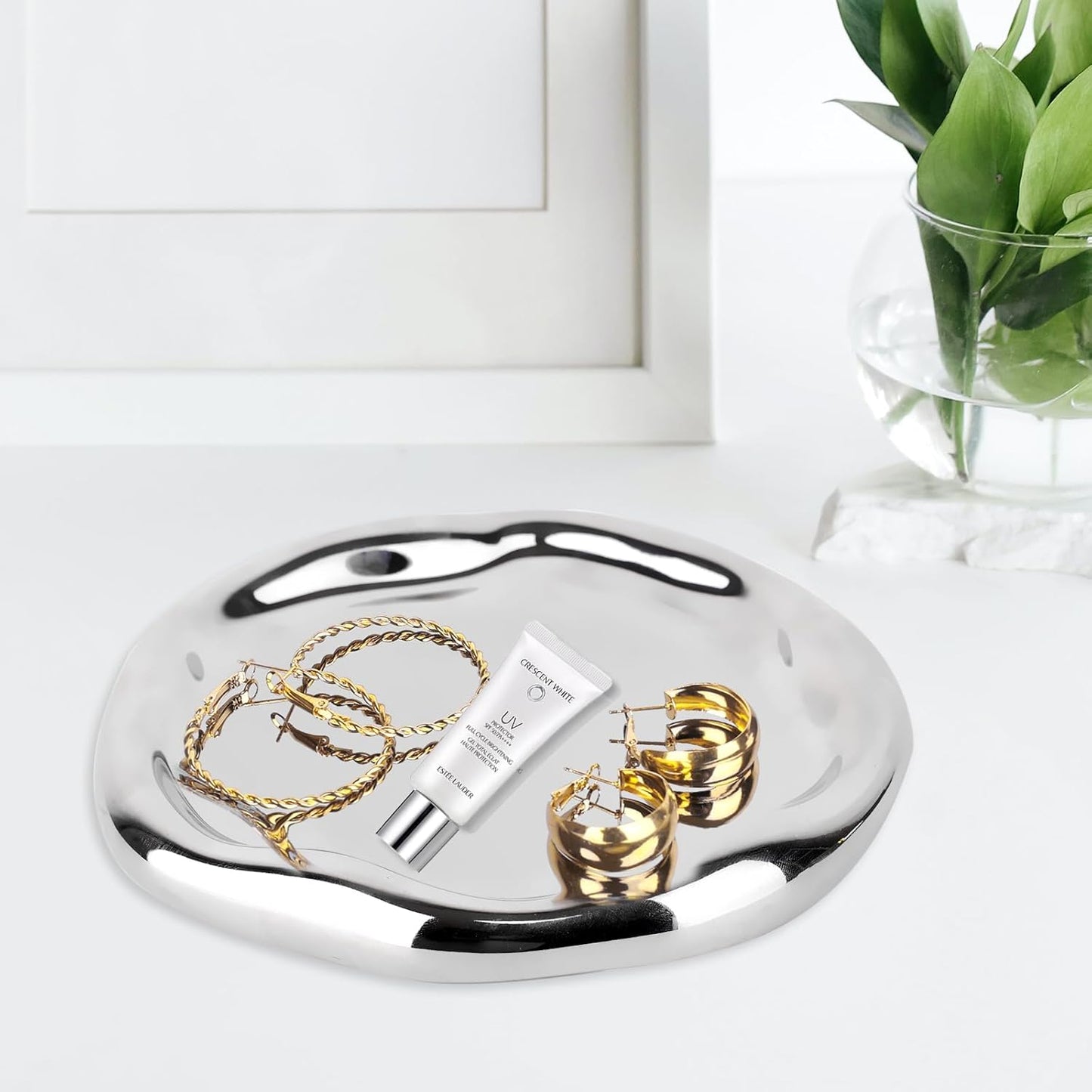 Tray Decorative Vanity Tray Bathroom Tray Jewelry Dish Ceramic Round Plate Holder / Silver / 7.5