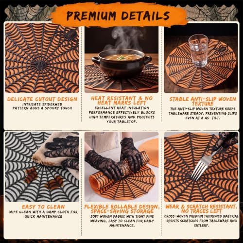 Pickmesh 12 Pcs Halloween Table Decor Orange Black Spiderweb Placemats