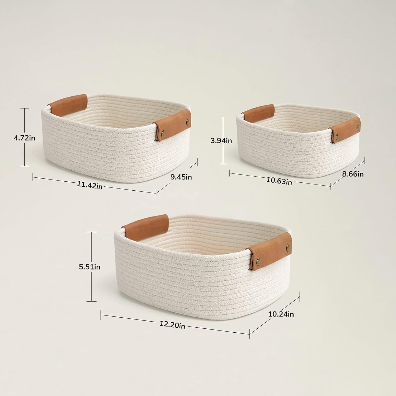 Rectangle Cotton Rope Woven Basket / White / 11.4 x 10.6 x 5.5 / Set of 3