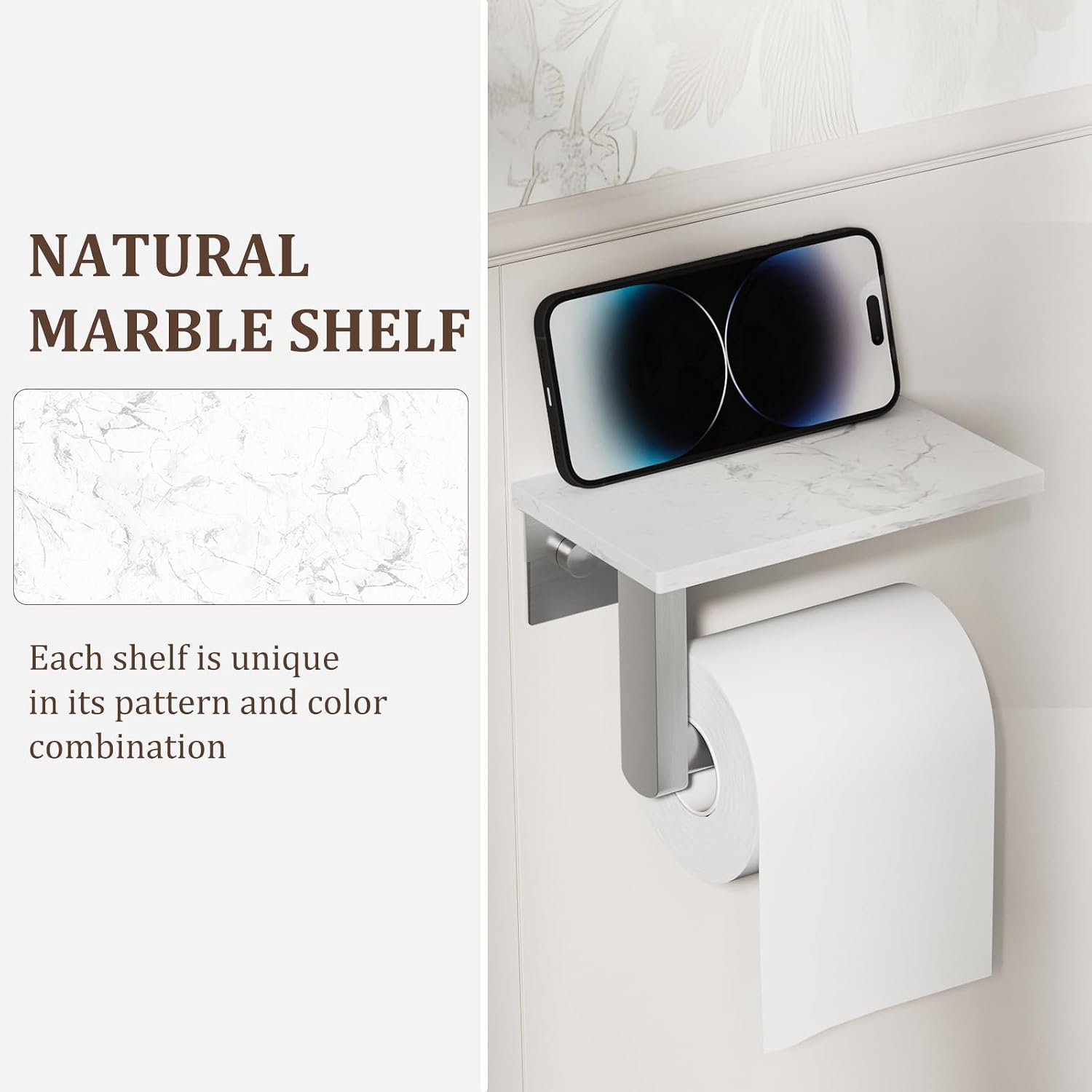 BWE Brushed Nickel Toilet Paper Holder with Marble Shelf Wall Mounted | Toilet Paper Roll Holder with Phone Shelf 304