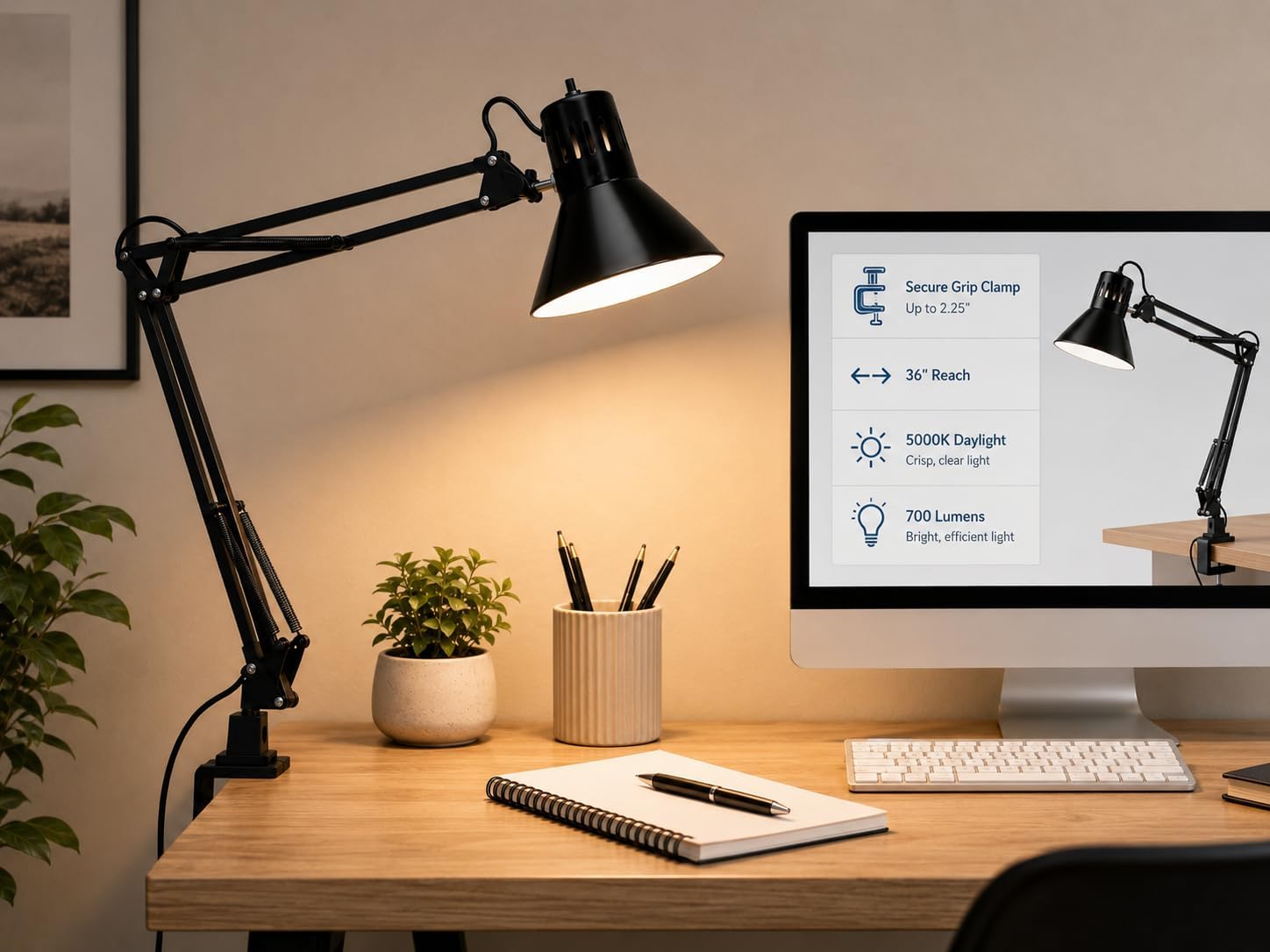Bostitch Office VLF100 LED Swing Arm Desk Lamp with Clamp Mount, 36" Reach, Includes LED Bulb,Black