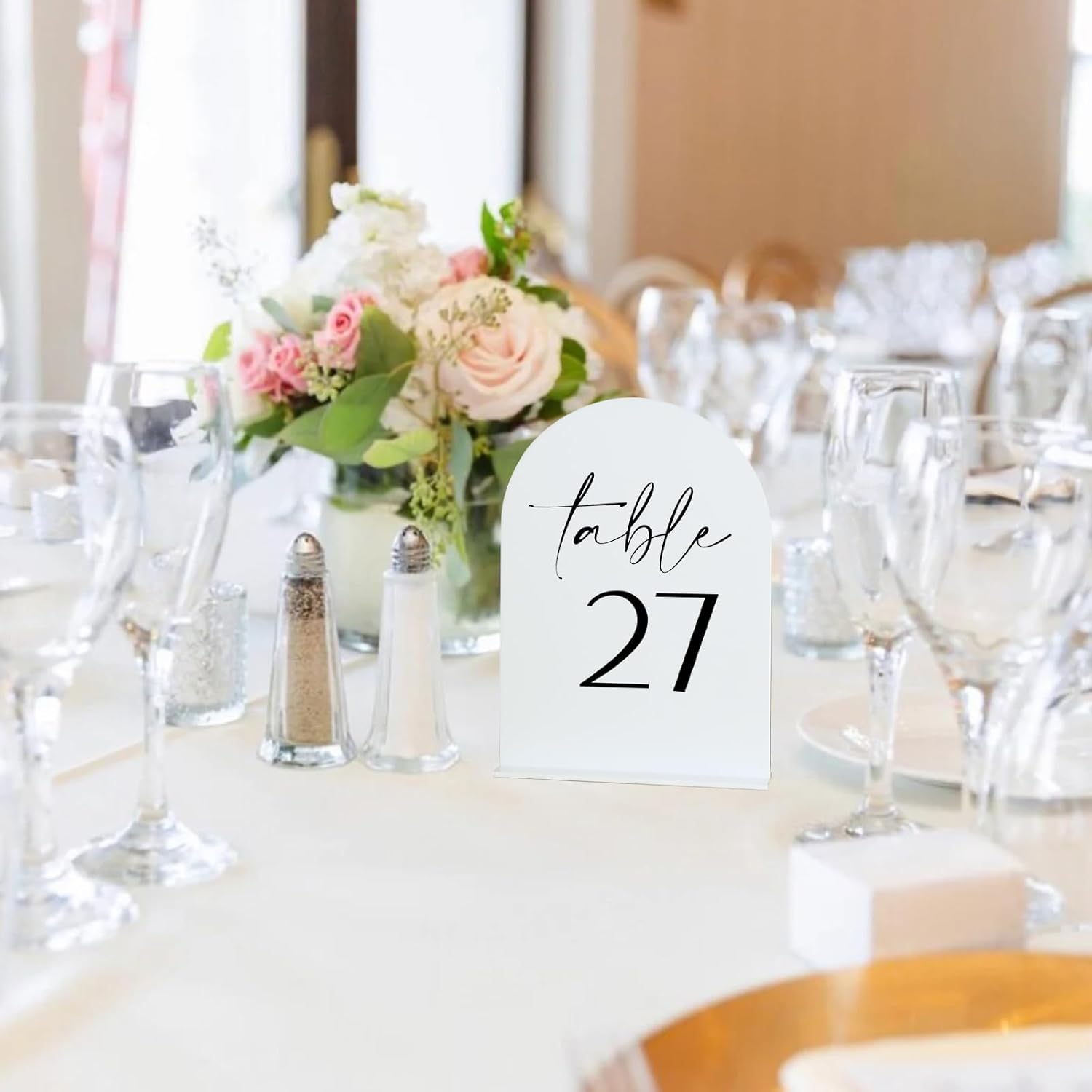 White Arch Acrylic Table Numbers with Stands 1-30, 5x7" White Arched Acrylic Sign and Bases, Arch Table Numbers for
