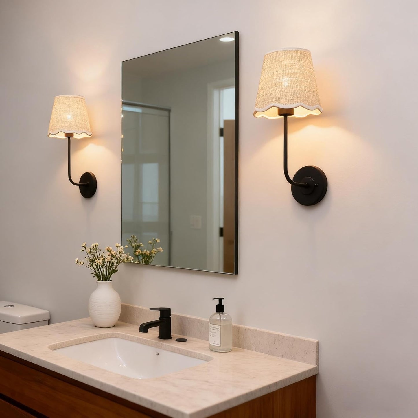 Hardwired Bathroom Vanity Lights Curved Arm / Black-rattan / Woven Rattan / Set of 2