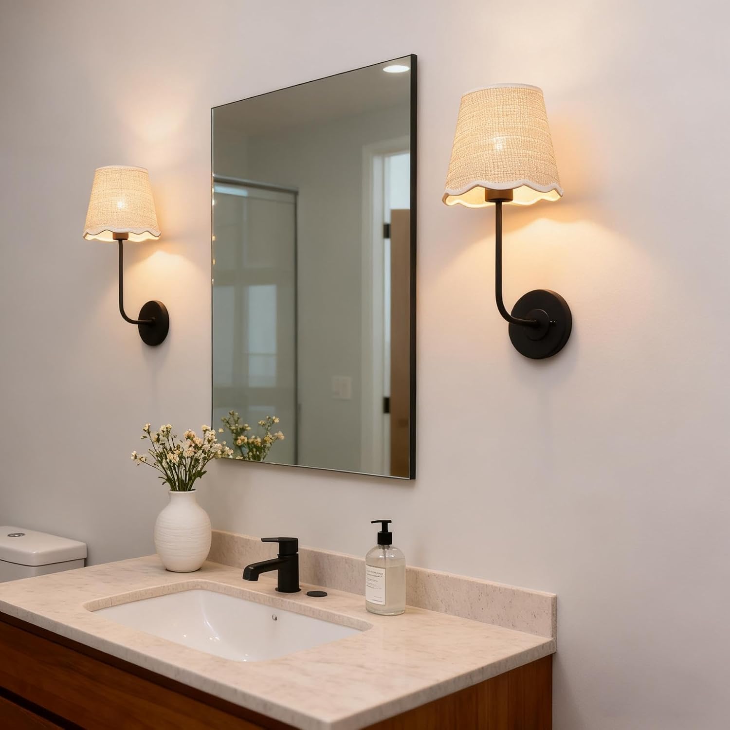 Hardwired Bathroom Vanity Lights Curved Arm / Black-rattan / Woven Rattan / Set of 2