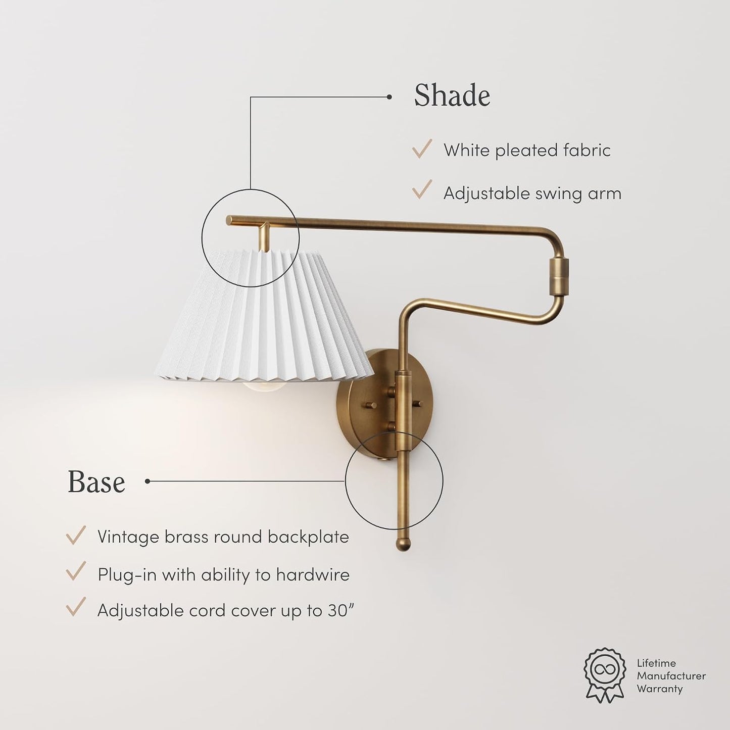 Nathan James Kai Modern Wall Mounted Plugin Bedside Reading Lamp with Pleated Shade, Vintaged Brass Finish