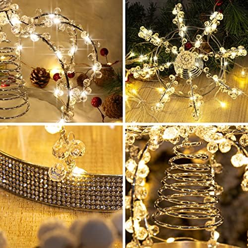 LAWOHO Christmas Tree Topper Star, Jeweled Crown with 60 Warm White LED USB Lighted Tree Topper, Xmas Tree Decor with Remote Control 8 Lighting Mode, Timer, Dimmer for Christmas Tree Ornament（Silver）