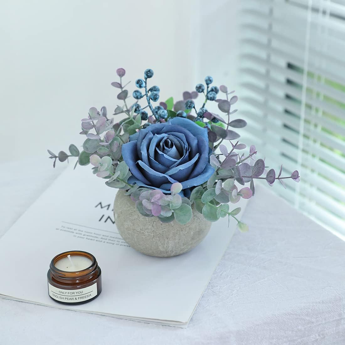Small Artificial Rose Potted Plant / Blue