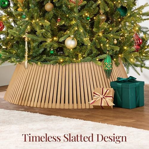 Best Choice Products Christmas Tree Collar, Solid Wood Slatted Tree Skirt Holiday Accessory for Home - Natural