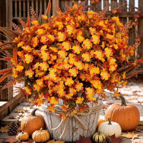 AXYLEX Artificial Fall Flowers Outdoor Fake Mums (OrangeGreen, 16 Pk)