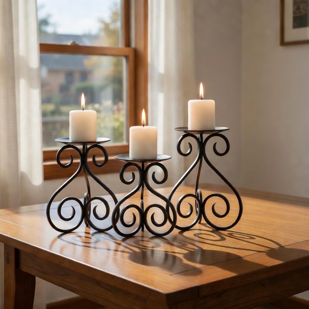Hosley Illuminate in Style with Our Set of 3 Iron Candle LED Pillar Holders - Large 7 Inches, Medium 6 Inches, Small 5