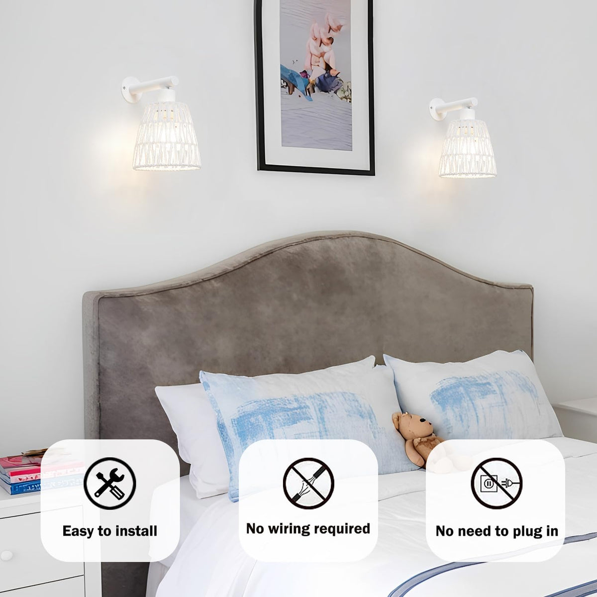 White Battery Operated Wall Sconce Set of 2, Boho Rattan Rechargeable Wall Lights with Dimmable Bulbs and Remote,15