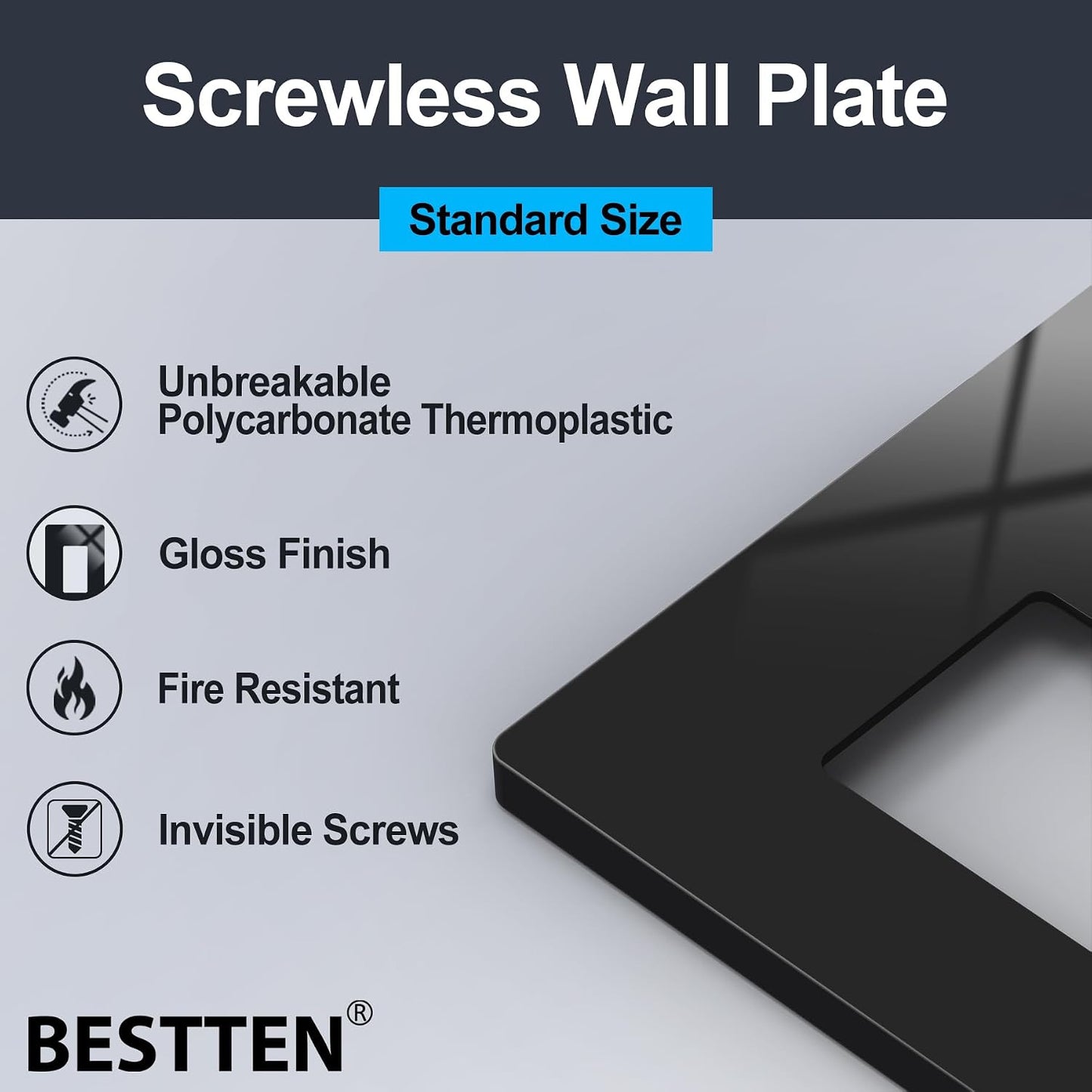 BESTTEN 10 Pack 2-Gang Black Screwless Wall Plate, Decor Outlet Cover, Decorative Switch Plate, Decorator Switch Plate