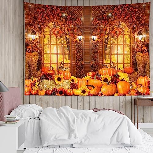 HVEST Fall Tapestry Wall Hanging Rustic Orange Pumpkin and Sunflower in Maple Tree Forest Tapestry for Bedroom, Autumn Thanksgiving Tapestries for Living Room Home Holiday Wall Decor, 59W x 51H inches