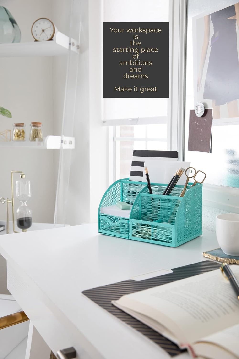 BLU MONACO Aqua Desk Organizer | Metal Turquoise Stationery Holder With Drawer and Compartments | Desktop Storage for