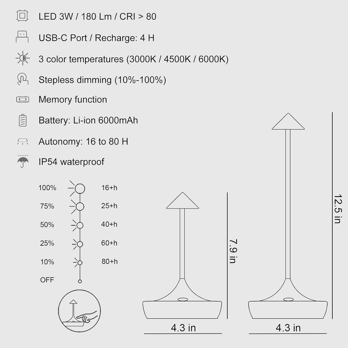 2-Pack Cordless Rechargeable LED Table Lamp (Gold) | 6000mAh Battery, 3-Color Stepless Dimming, IP54 Waterproof &