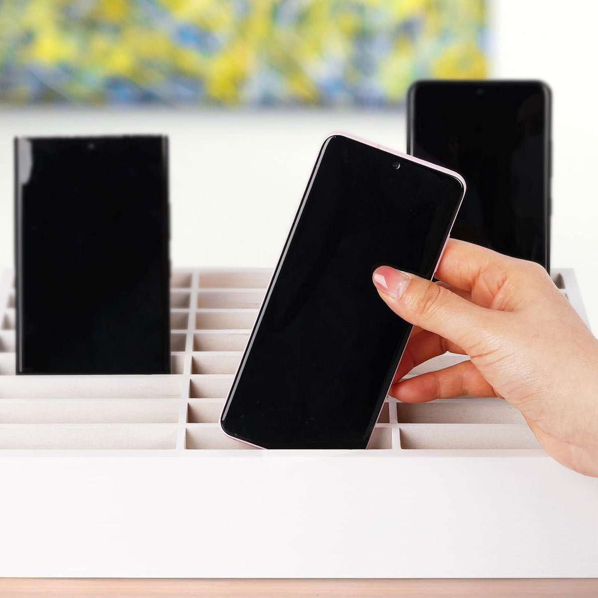 24-Grid Wooden Cell Phone Holder Desktop Organizer | Storage Box, Cell Phone Rack Display, Phone Caddy Storage for