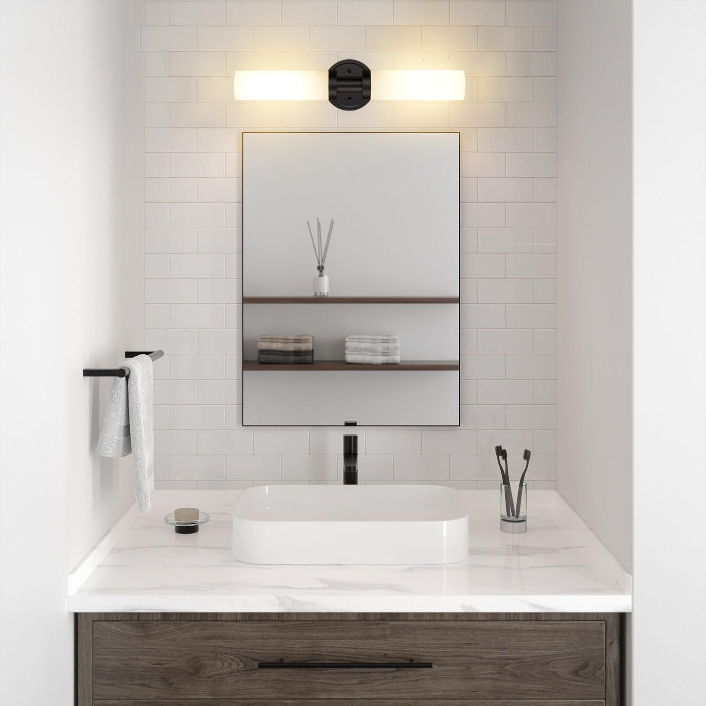 Black Bathroom Light Fixtures, 2-Light Wall Sconces Lighting W/White Glass Shade, Modern Vanity Lights for Mirror, Wall
