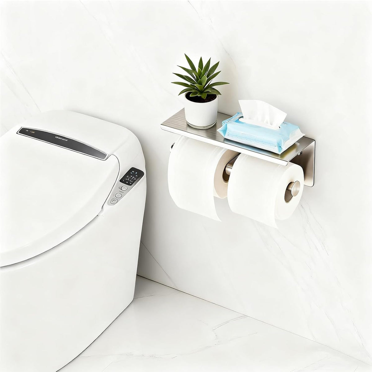 Toilet Paper Holder, NEWRAIN Double Bathroom Toilet Paper Roll Holder with Shelf, Stainless Steel Wall Mounted RV