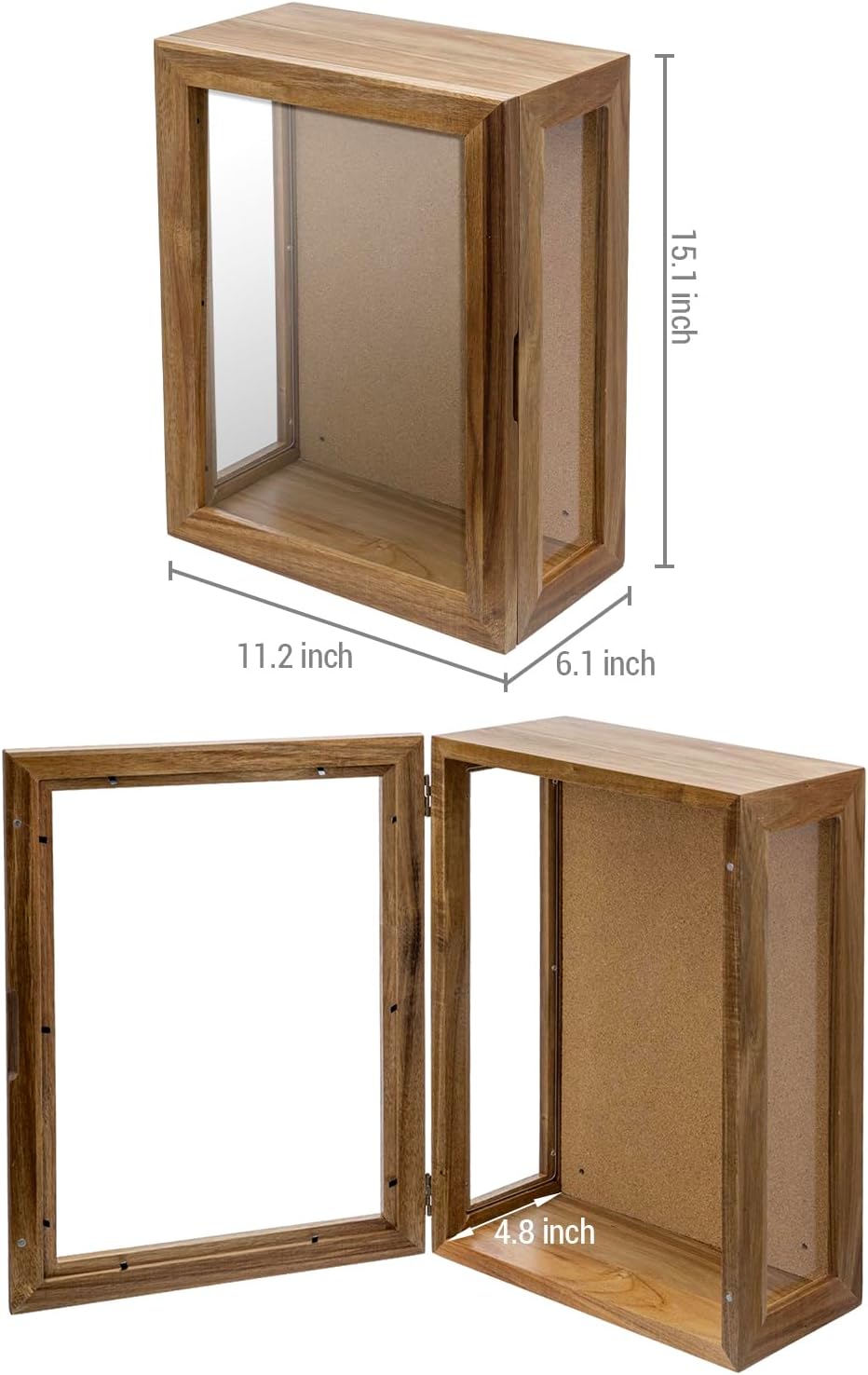 MyGift 11 x 15 Inch Wall Mounted Acacia Solid Wood Deep Shadow Box | Cork Back, Premium Clear Acrylic Viewing Panels
