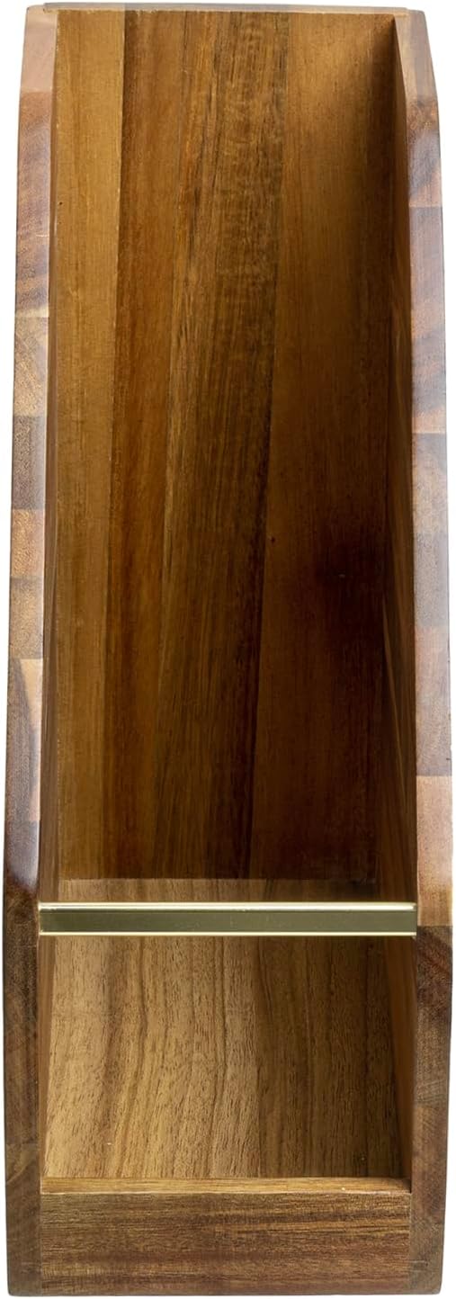 MyGift Premium Hotel Series Solid Acacia Wood Desktop Magazine File Holder Bin with Brass Tone Metal Accent, Vertical