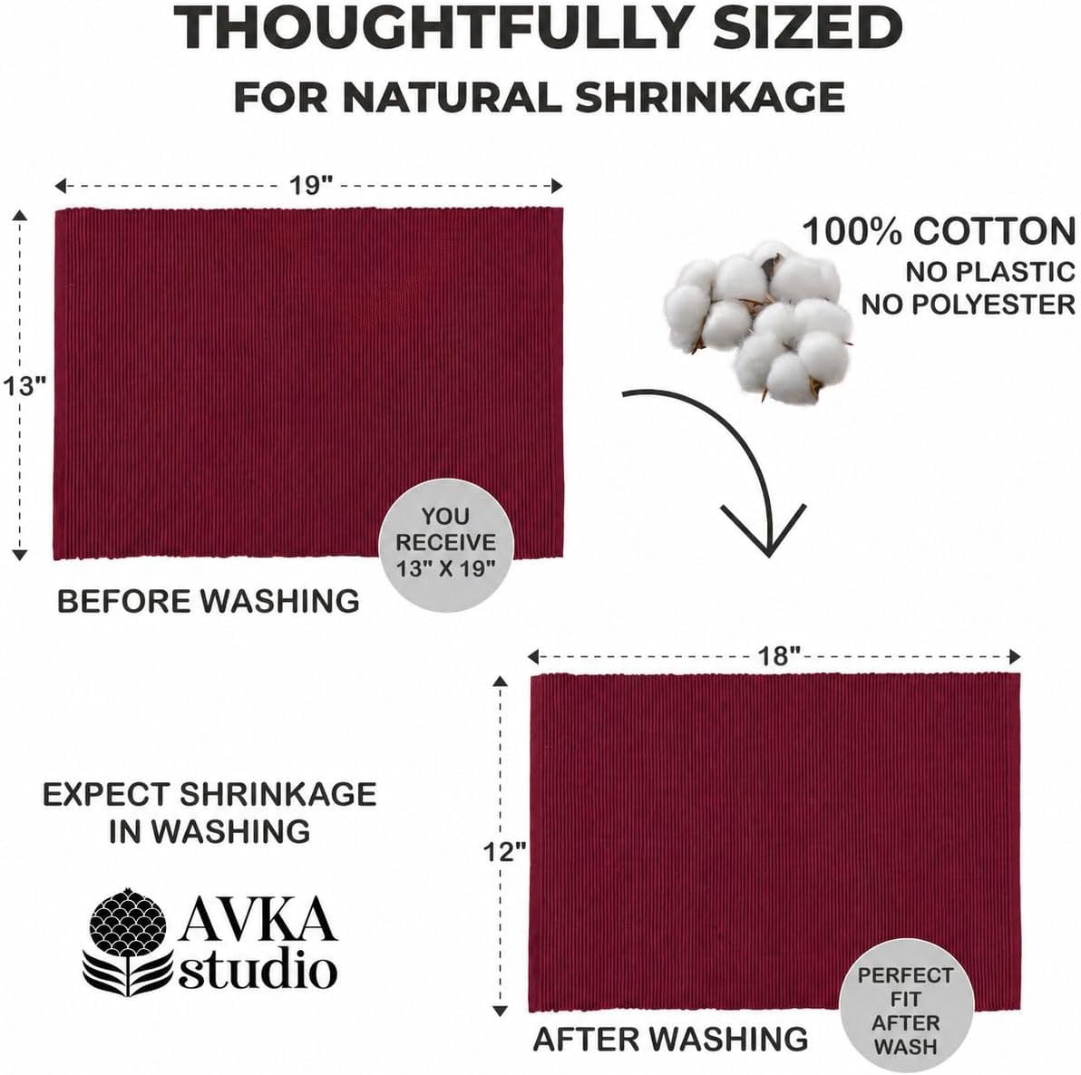 100% Cotton Ribbed Placemats - Set of 6-13 x 19 Inches - Maroon/Burgundy/Dark Red - Everyday/Fall Cloth Table Mats