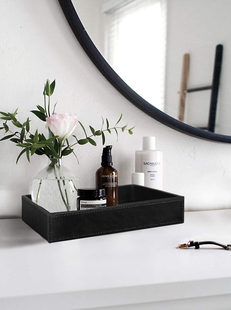 Faux Leather Vanity Tray / Black / 10.2 x 8.4 x 1.8