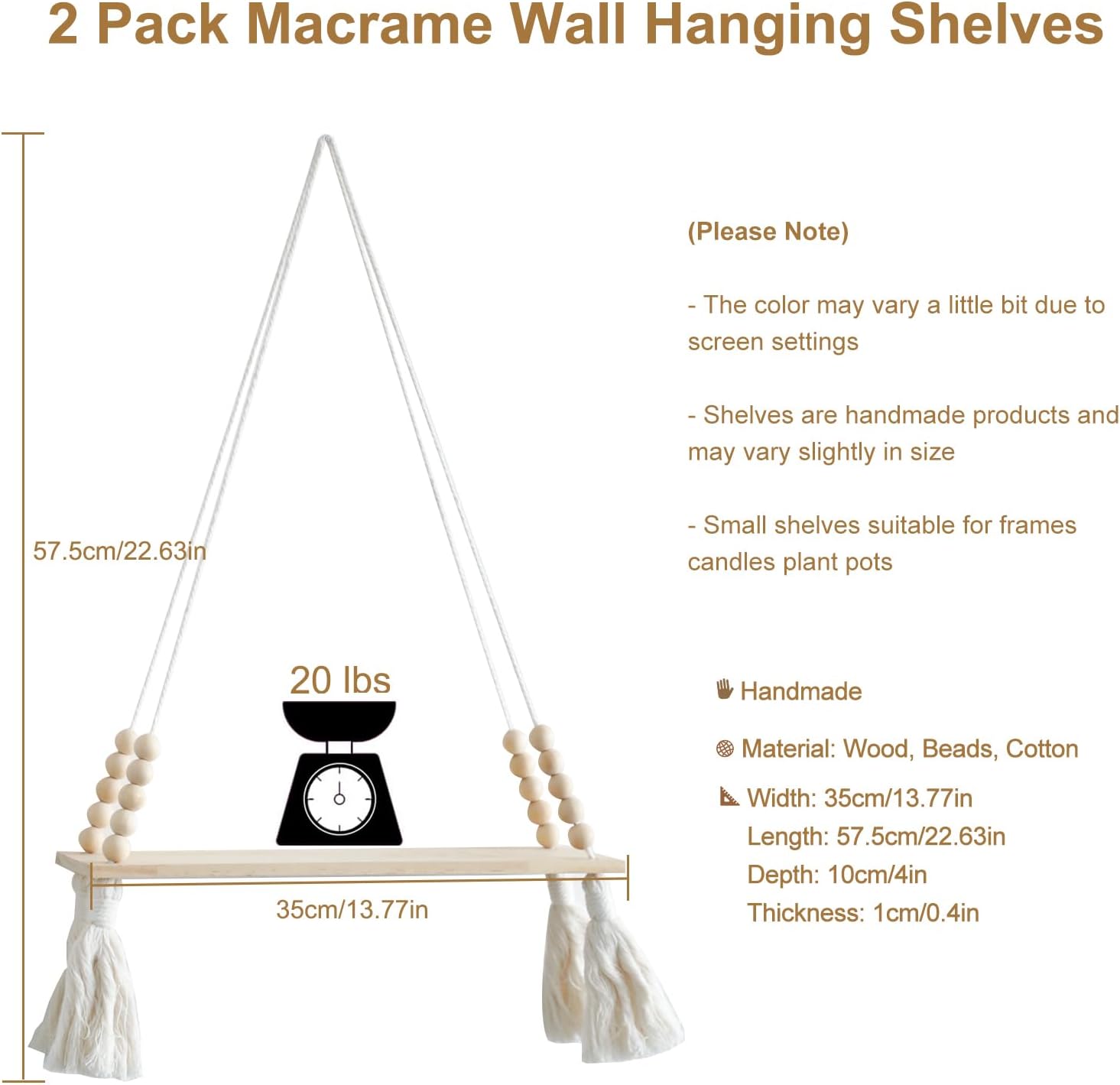 Wooden Wall Hanging Shelves / Beige Tassel / Set of 2