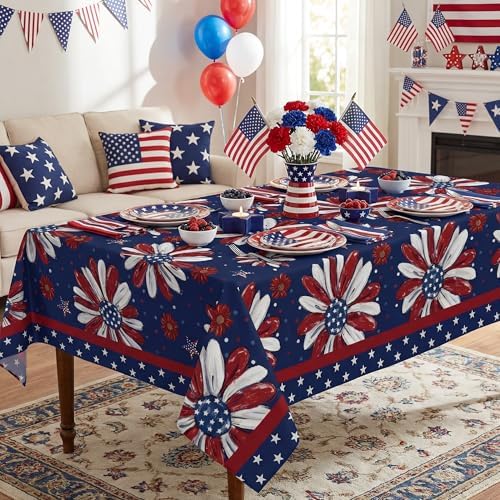 4th of July Tablecloth 54x54 Inch Square, Patriotic Memorial Day Flowers Print Decorations for Home Table Cloth, Independence Day Blue Seasonal Decor Tablecloths Polyester for Picnic Party Supplies