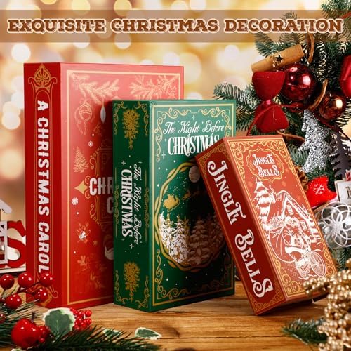 Threehoney 3 Pack Christmas Decorative Books Christmas Decor Extra Deep Faux Book Russian Doll Style Hidden Storage Box with Magnetic Cover Holiday Themed