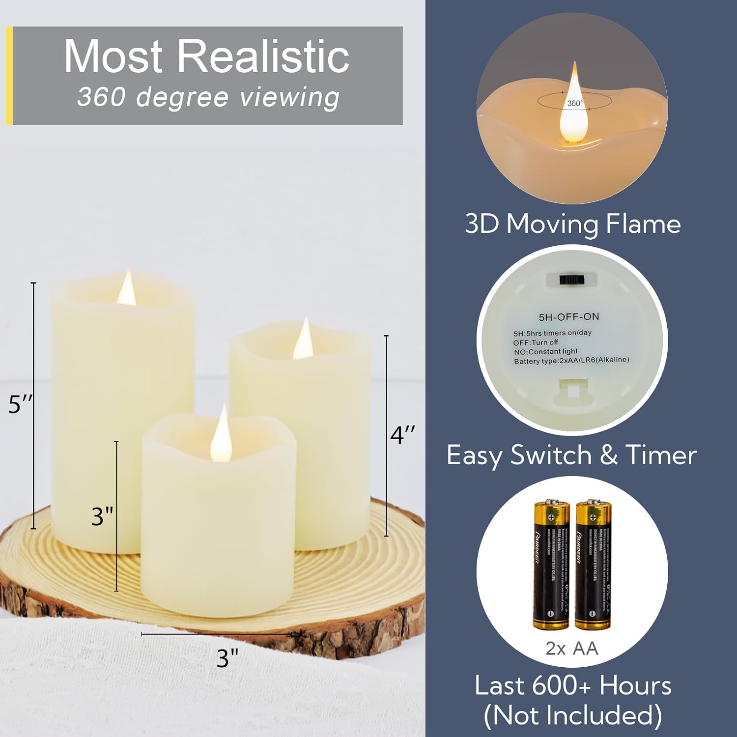 Flameless Candles Battery Operated with Remote Timer, 3D Moving Flame Flickering, Last 600+ Hours Battery Candles, Set