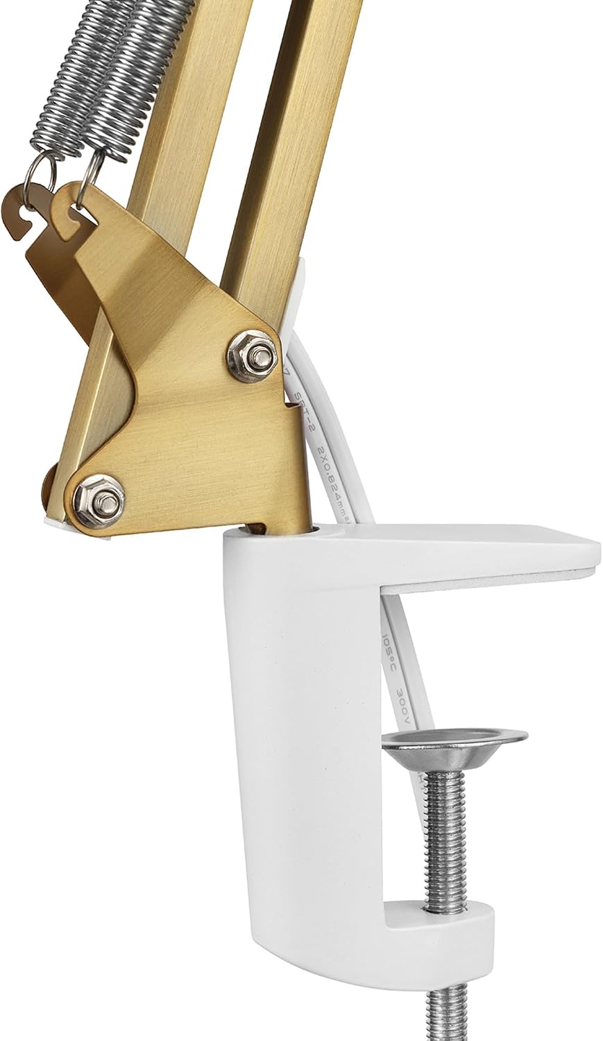 Globe Electric 62000010 32" Multi-Joint Desk Lamp with Metal Clamp, Matte Brass, White Accents, On/Off Rotary Switch on